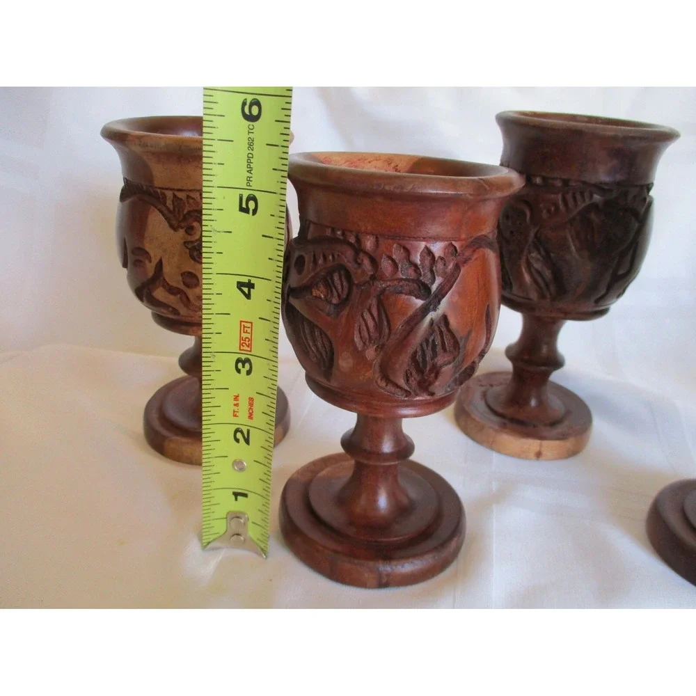 Vintage Hand Carved Wood Goblets Wine Glass Set Of 4 Elephant & Rhino